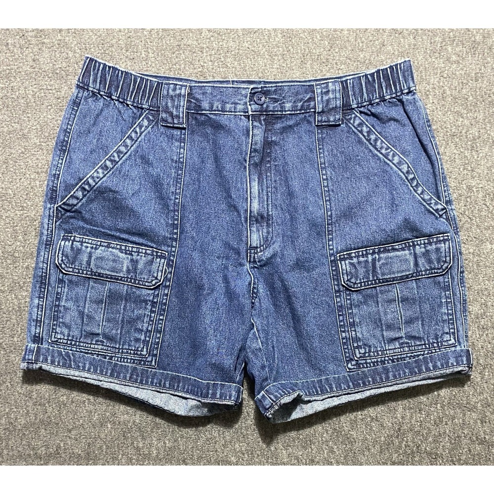 Savane Womens Blue Denim Cargo Shorts Size 36 Elastic Waist Utility Cotton